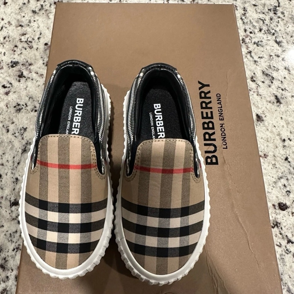 Burberry Kids Checkered Slip-On Sneakers - Tan, Black, and Red
